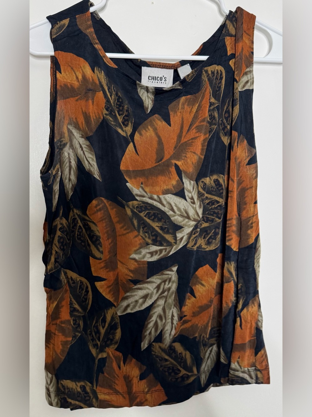 Chico's Black Tank Top with Rust & Taupe Leaf Print blouse stretch xl size 3 fal